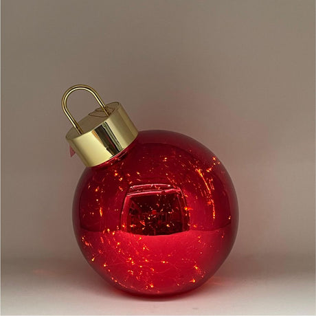Sfera decorativa luminosa color rosso con micro LED all’interno e tappo dorato lucido di diametro 25cm.