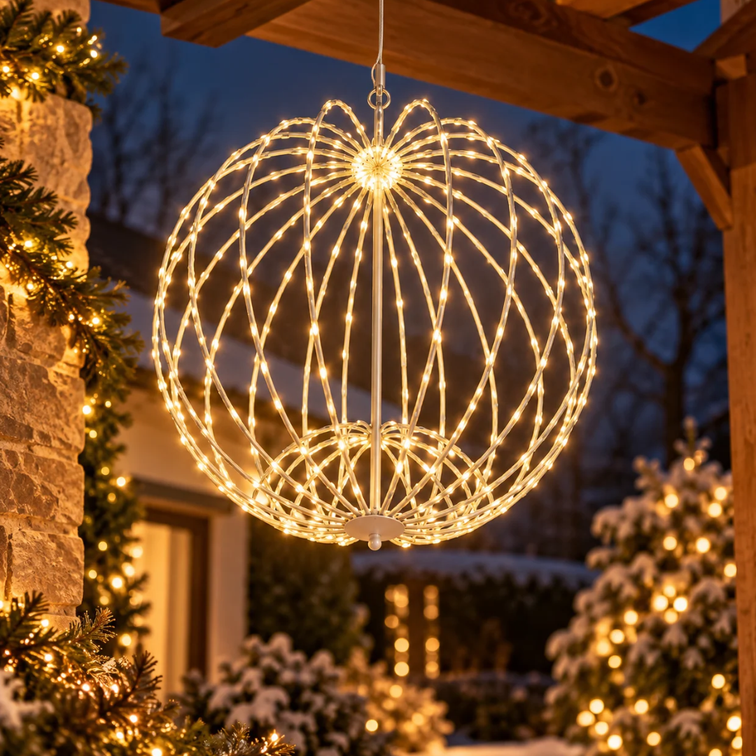 Sfera luminosa sospesa con micro LED a luce calda ambientata all'esterno in un portico natalizio
