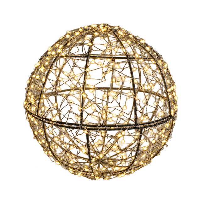 Sfera luminosa con struttura metallica e numerosi micro LED a luce calda
