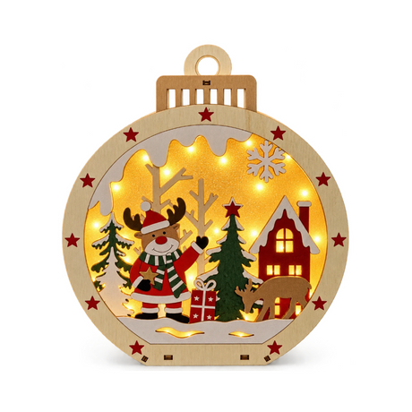 Sfera natalizia luminosa Garden Team in legno con renna vestita da Babbo Natale, casetta, abeti e luci LED calde