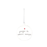 Sfera in vetro con diametro 12 cm, nastrino bianco e scritta bianca "grazie di esserci sempre".