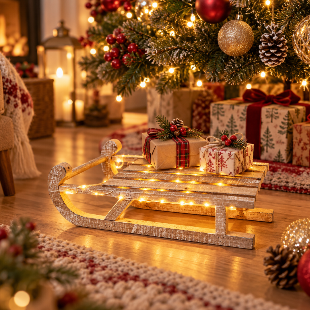 Slittino natalizio in legno con micro LED e pacchi regalo sotto l’albero di Natale