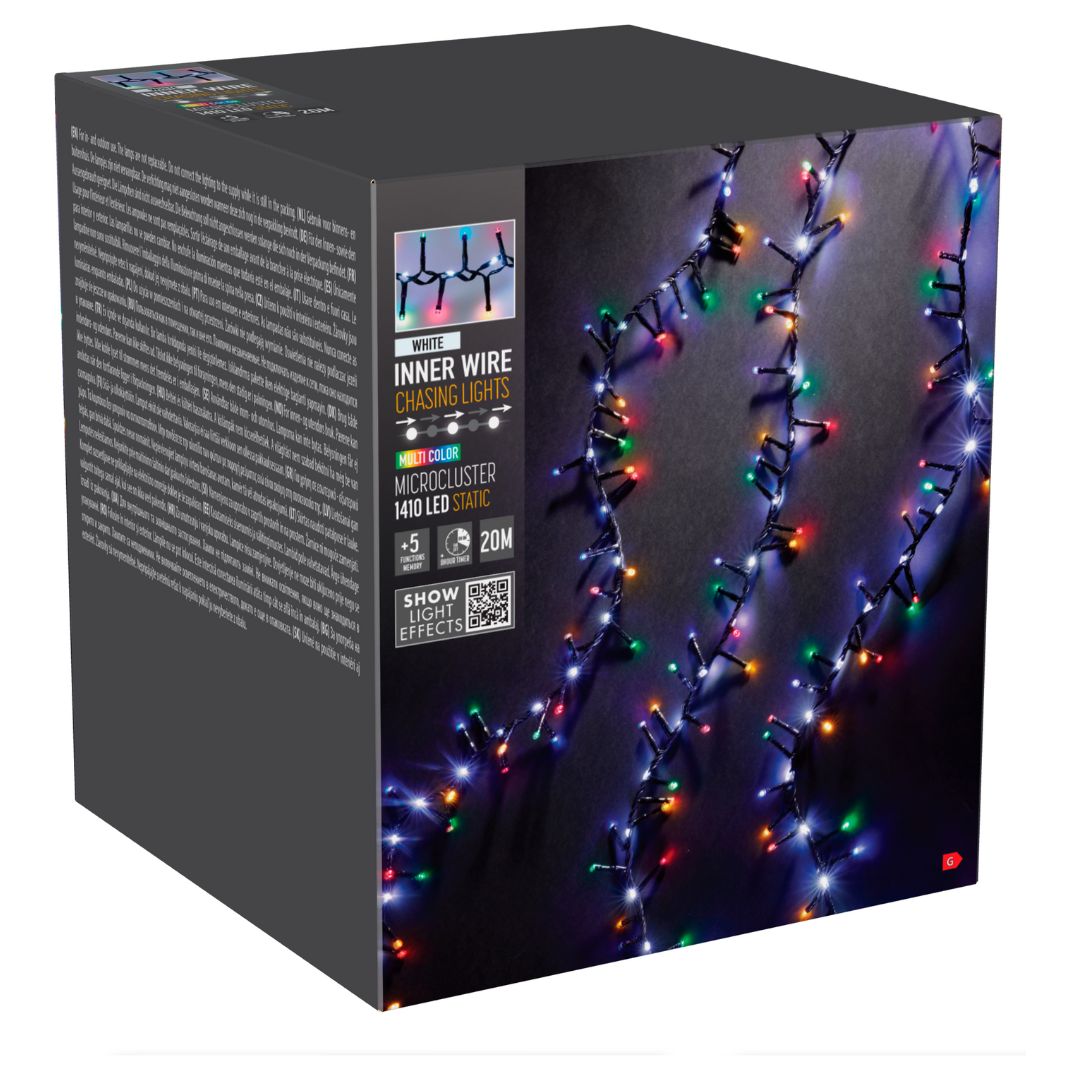 Confezione di luci natalizie a LED bianco freddo e multicolor da 20 metri, modello Microcluster 1410 LED Static.