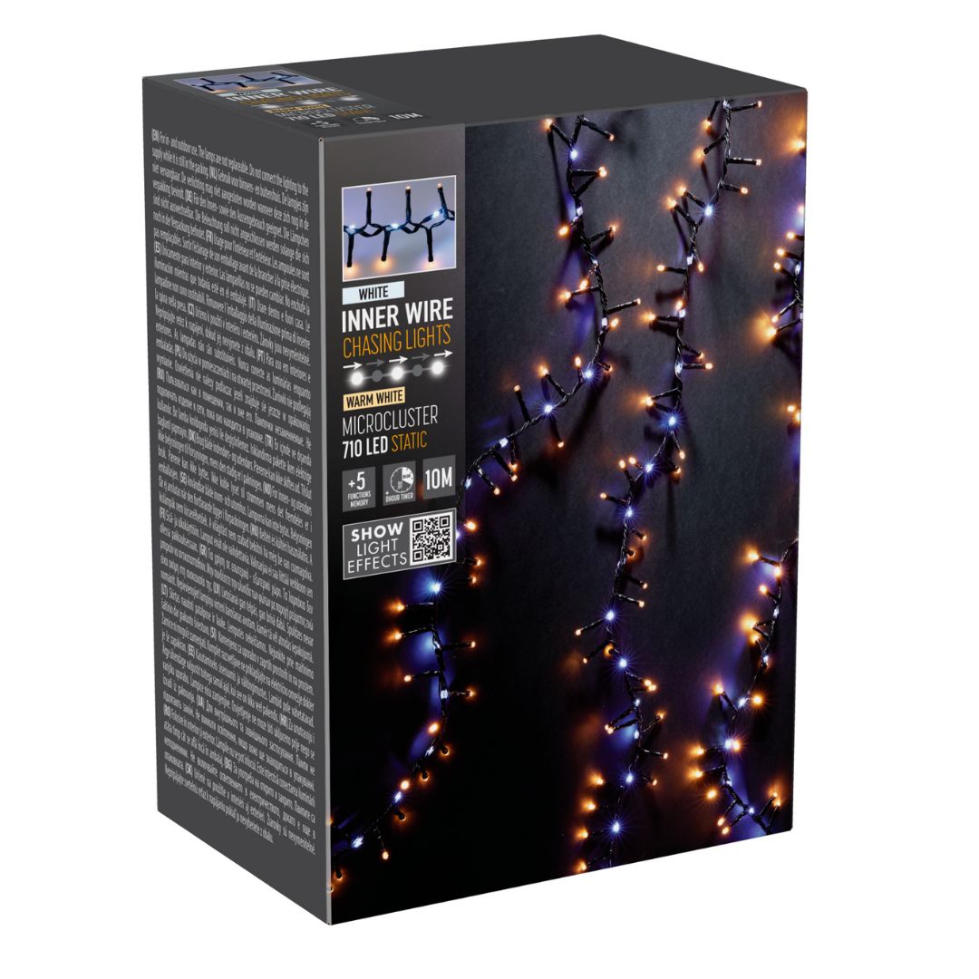 Confezione di luci natalizie a LED bianco caldo e bianco freddo da 10 metri, modello Microcluster 710LED Static.