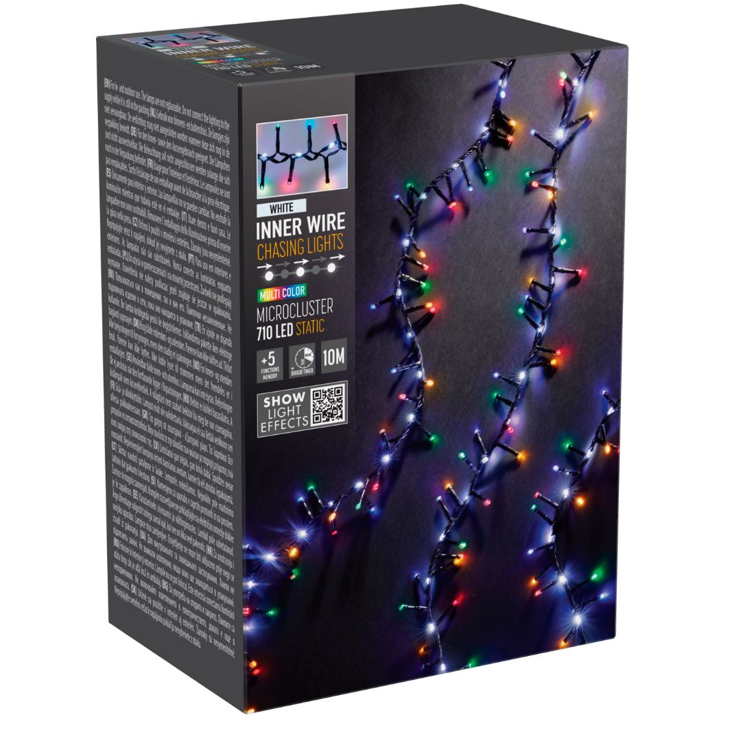Confezione di luci natalizie a LED bianco freddo e multicolor da 10 metri, modello Microcluster 710LED Static.