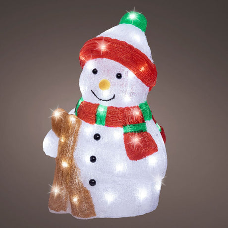 Figura in acrilico di pupazzo di neve su sondo scuro.