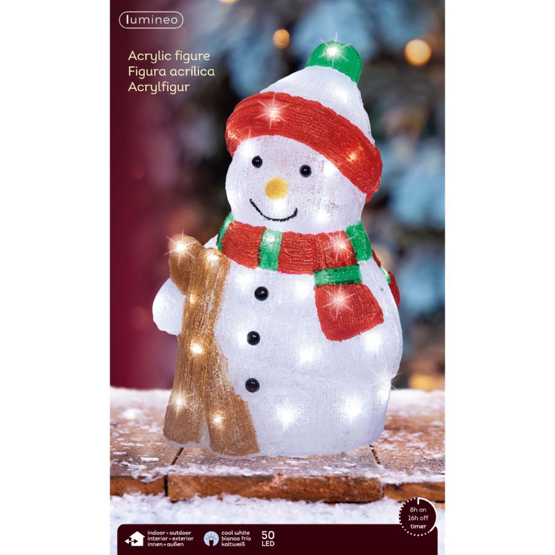 Confezione della figura acrilica Lumineo a forma di pupazzo di neve con LED a luce fredda.