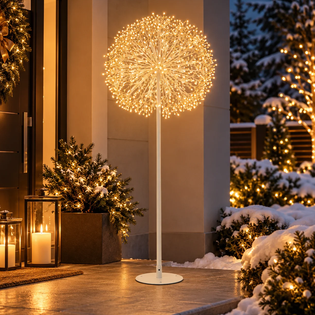 Soffione luminoso su stelo con micro LED a luce calda ambientato all’esterno tra decorazioni natalizie innevate