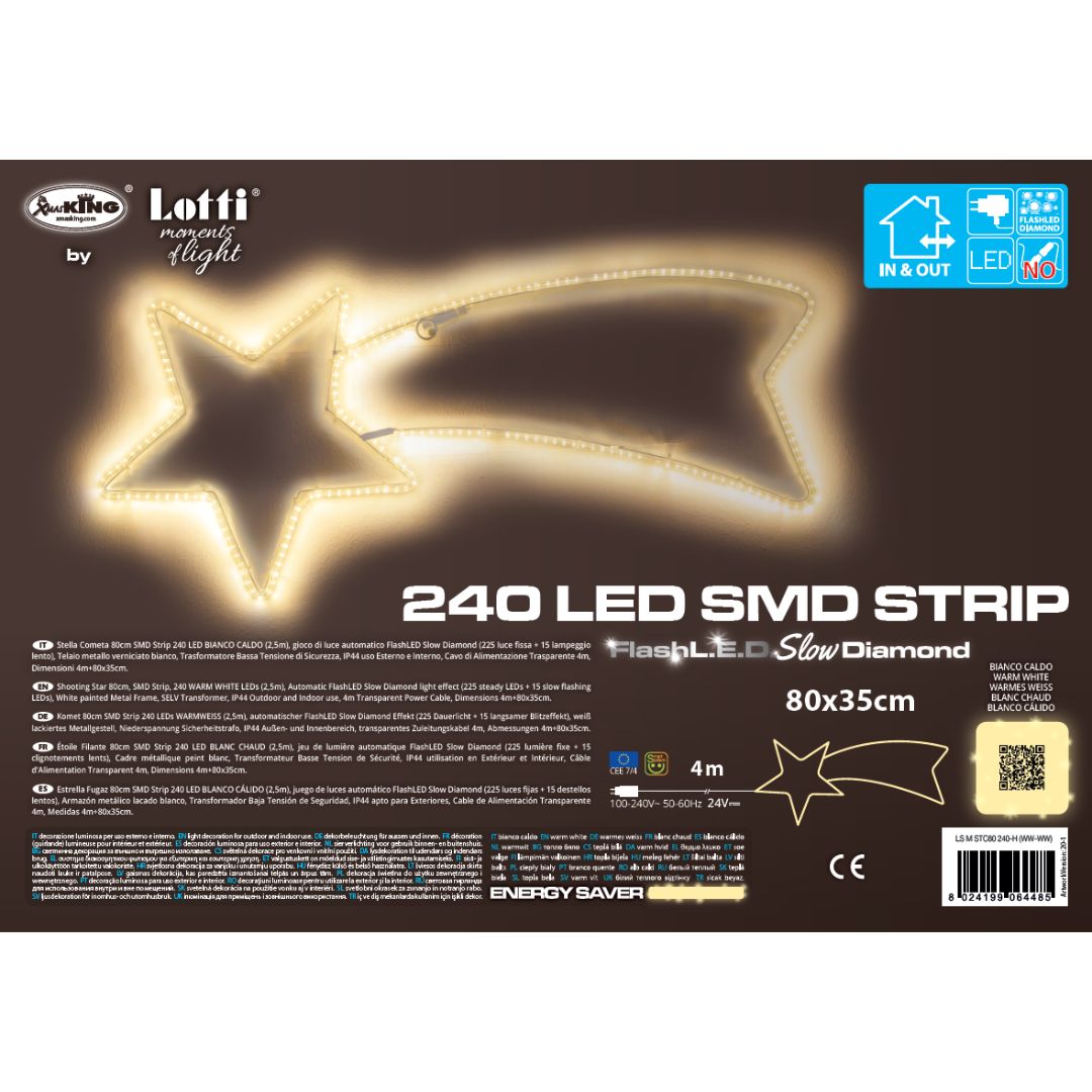 Confezione della decorazione luminosa a stella cometa da 80x35 cm con 240 LED bianco caldo e luce FlashLED Slow Diamond.