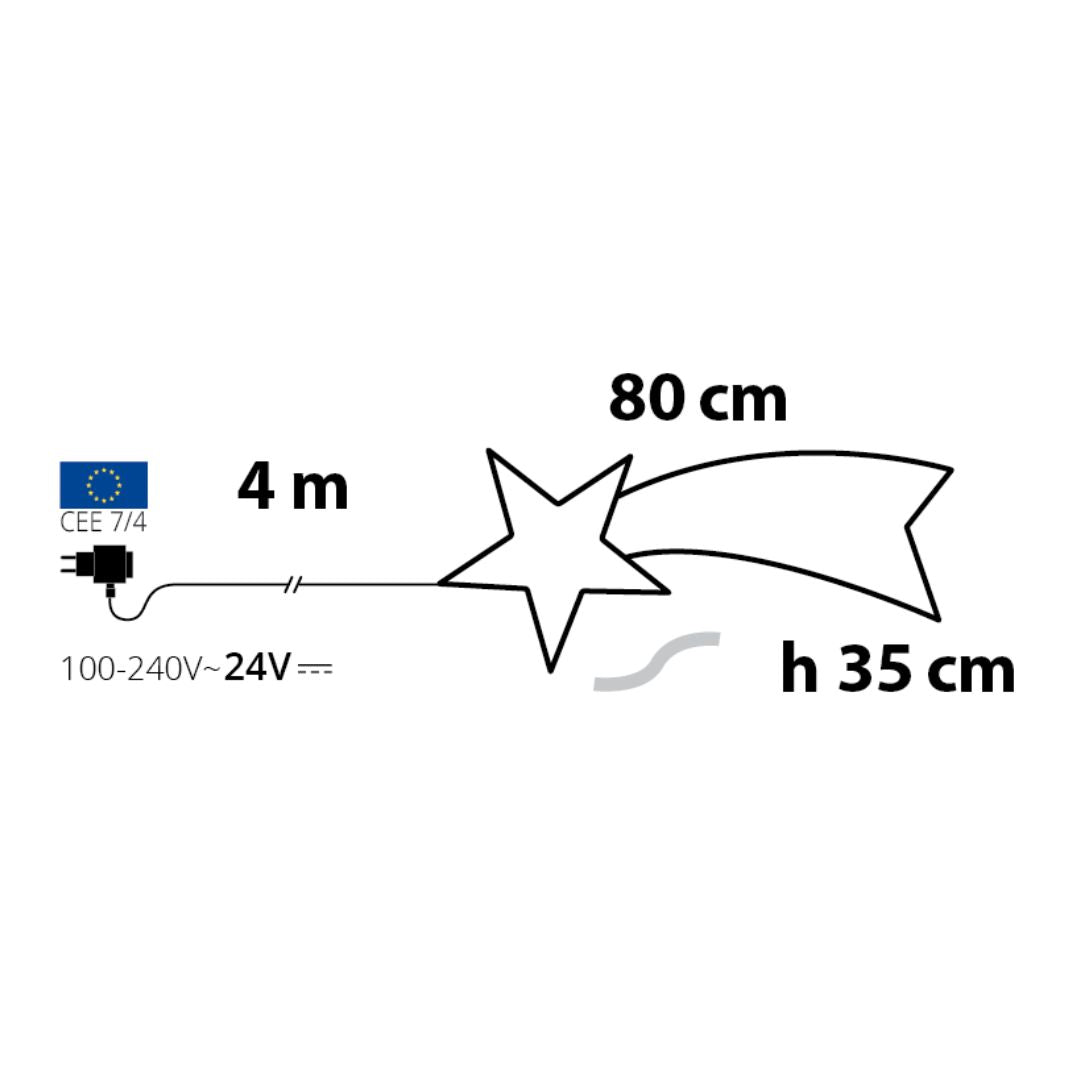 Schema illustrativo con misure della stella cometa LED (80x35 cm), alimentazione 24V e cavo da 4 metri.