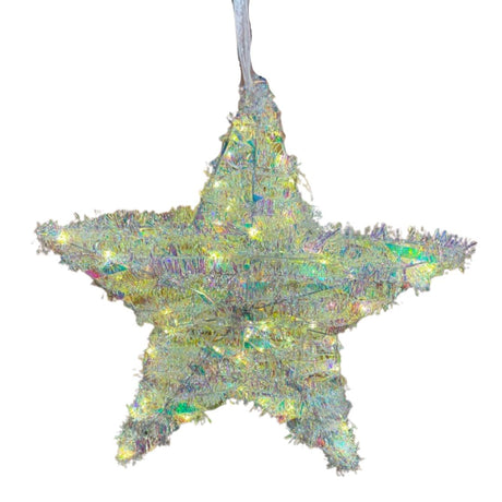 Decorazione natalizia a forma di stella iridescente illuminata da luci LED bianco caldo.