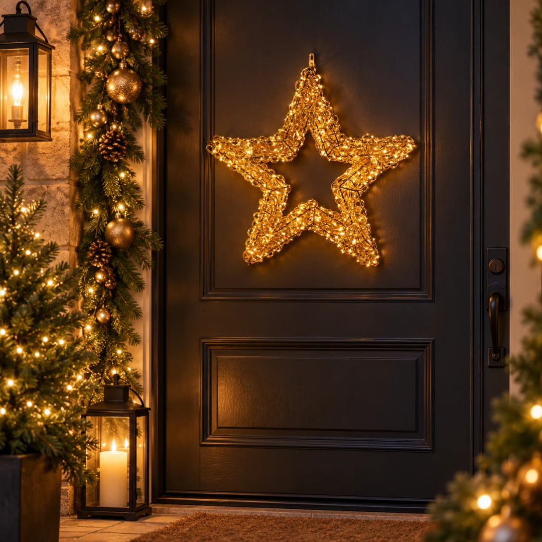 Stella natalizia riccio oro 58 cm illuminata con micro LED, ambientata sulla porta