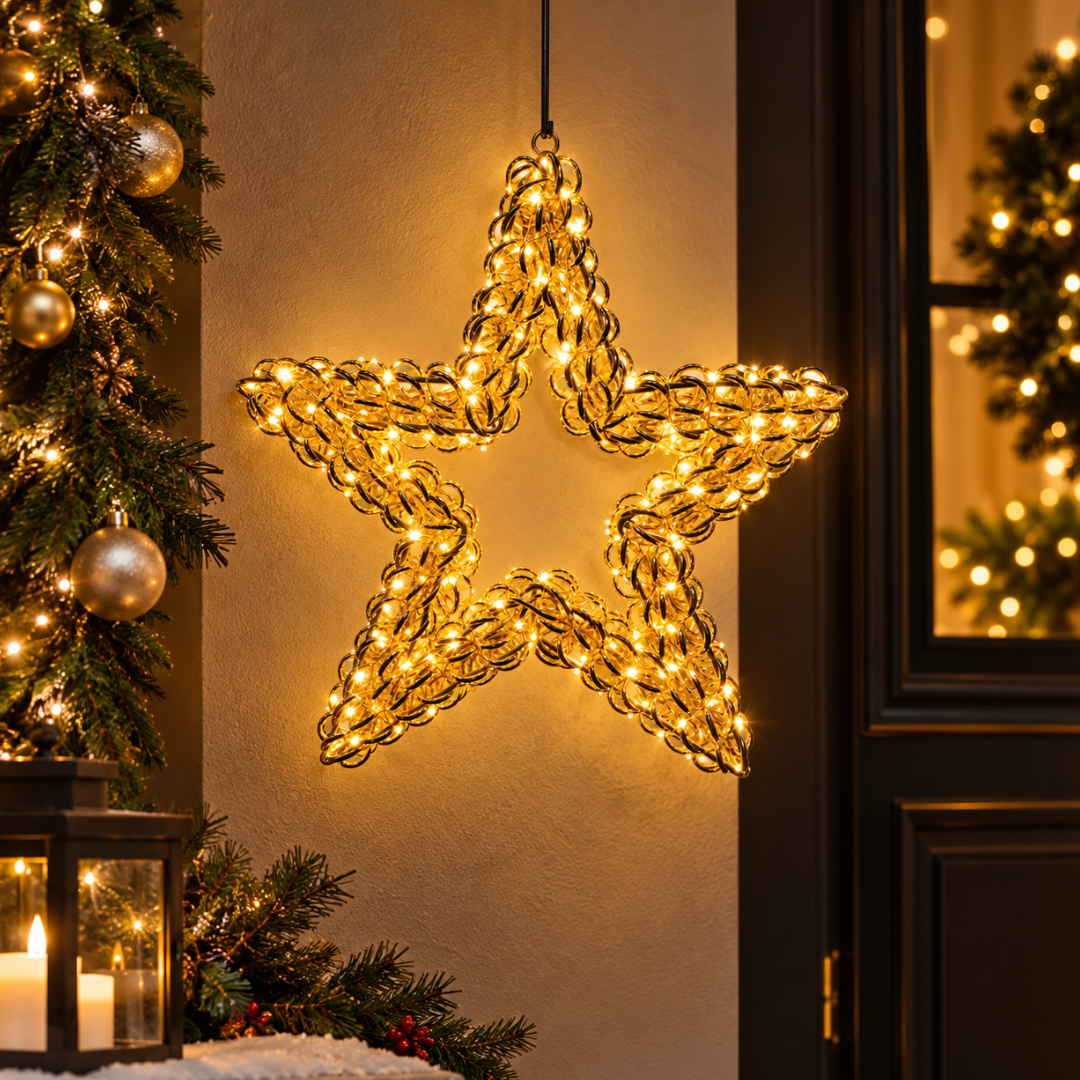 Stella natalizia riccio oro 50 cm illuminata con micro LED, ambientata all’ingresso