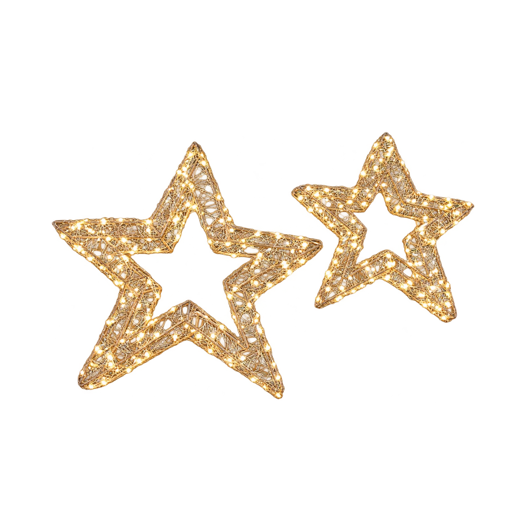 Stelle natalizie luminose dorate di due dimensioni con micro LED a luce calda
