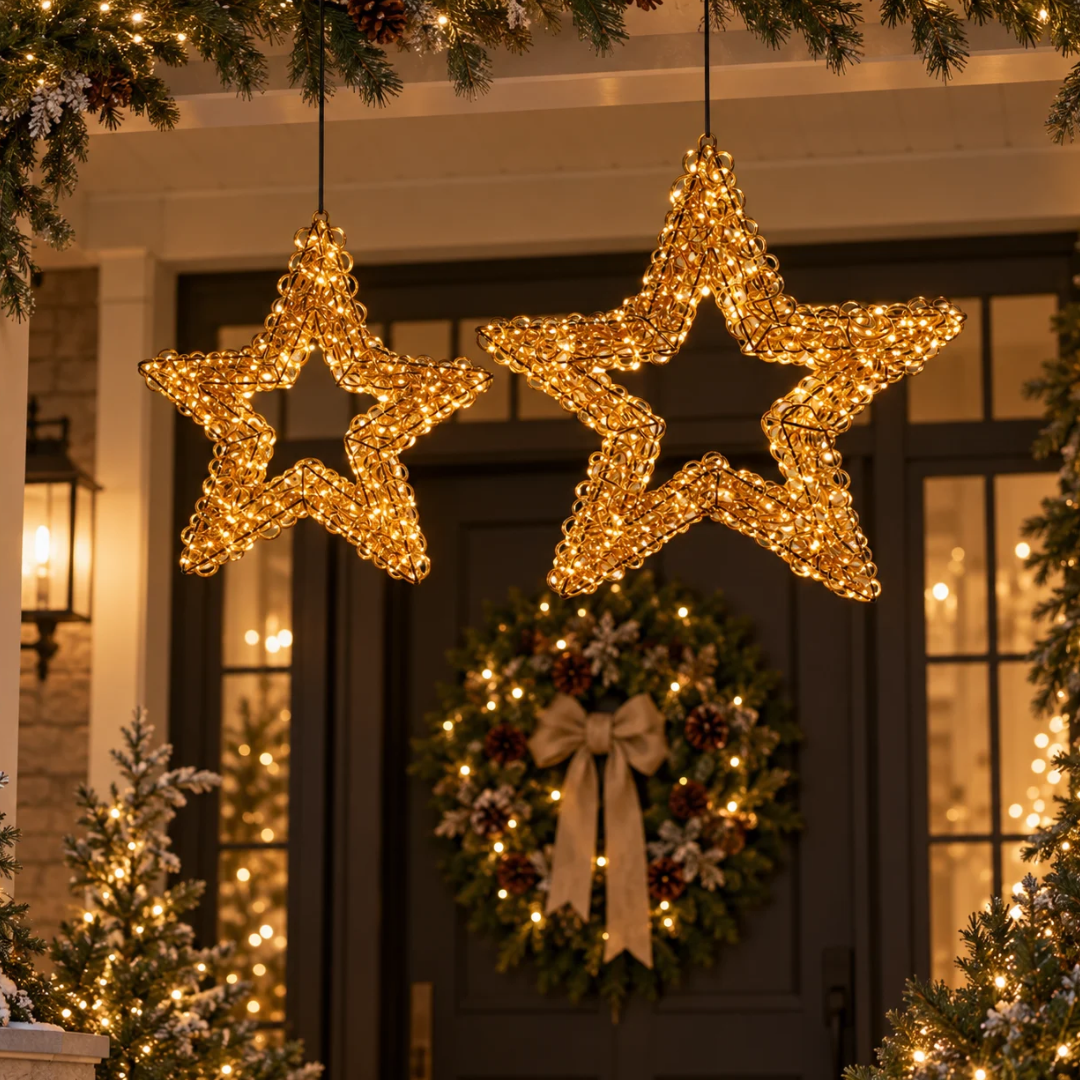 Stelle natalizie riccio oro 50 e 58 cm illuminate con micro LED, ambientate all’ingresso