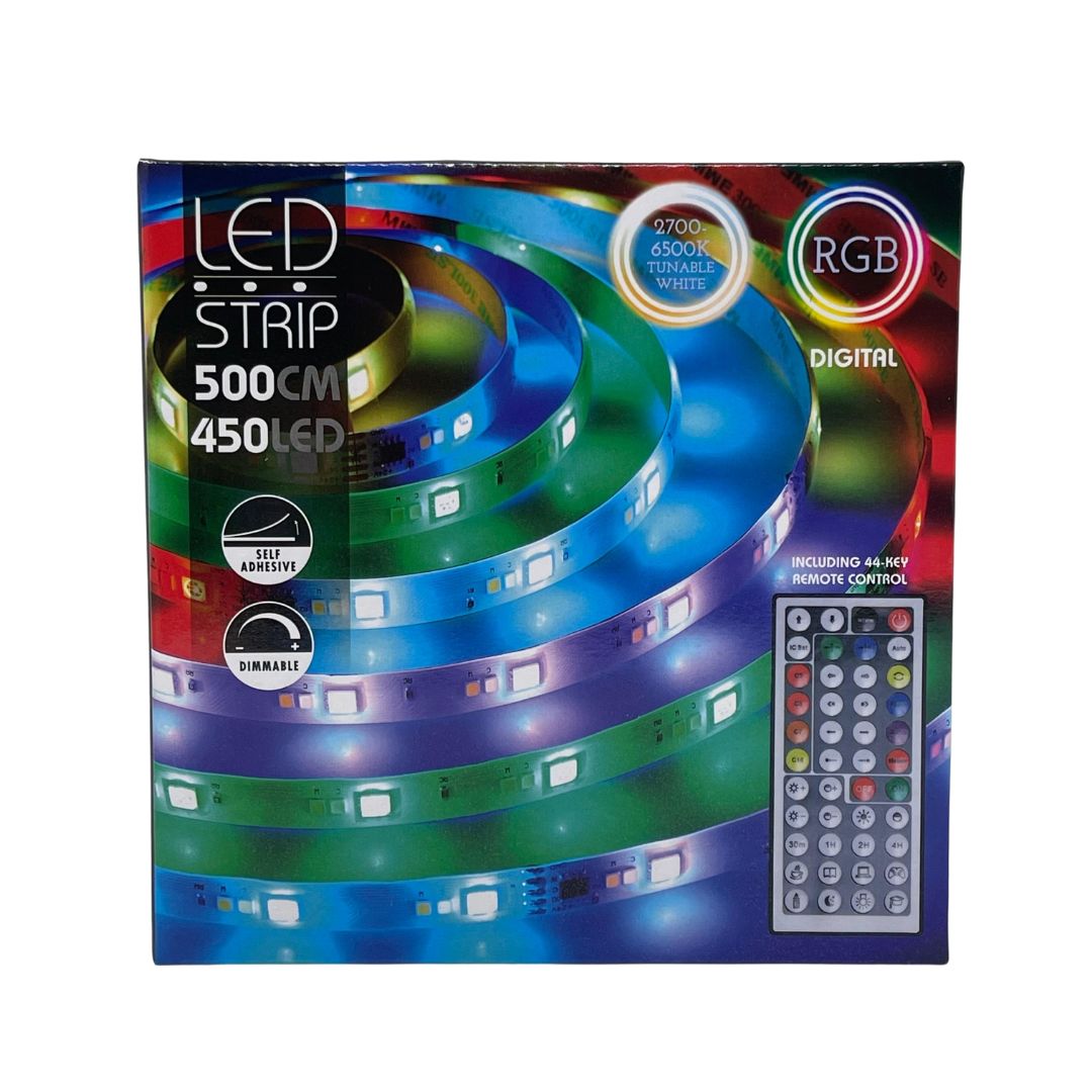 Confezione di striscia LED RGB e bianco caldo adesiva da 5 metri con 450 LED e telecomando. 