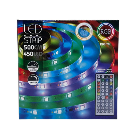 Confezione di striscia LED RGB e bianco caldo adesiva da 5 metri con 450 LED e telecomando. 