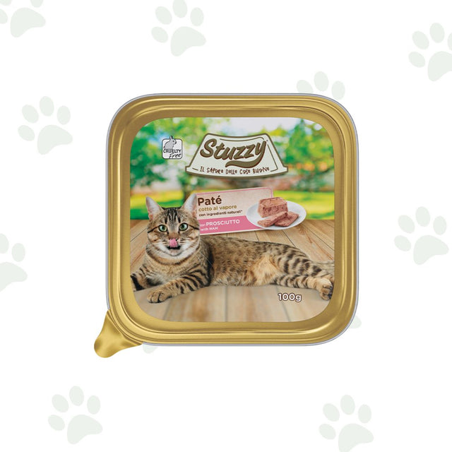 Vaschetta del paté con prosciutto per gatti adulti Stuzzy da 100g.