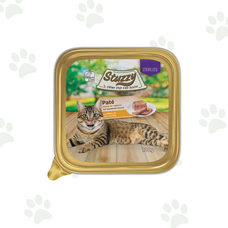 Vaschetta del paté con pollo per gatti adulti sterilizzati Stuzzy da 100g.