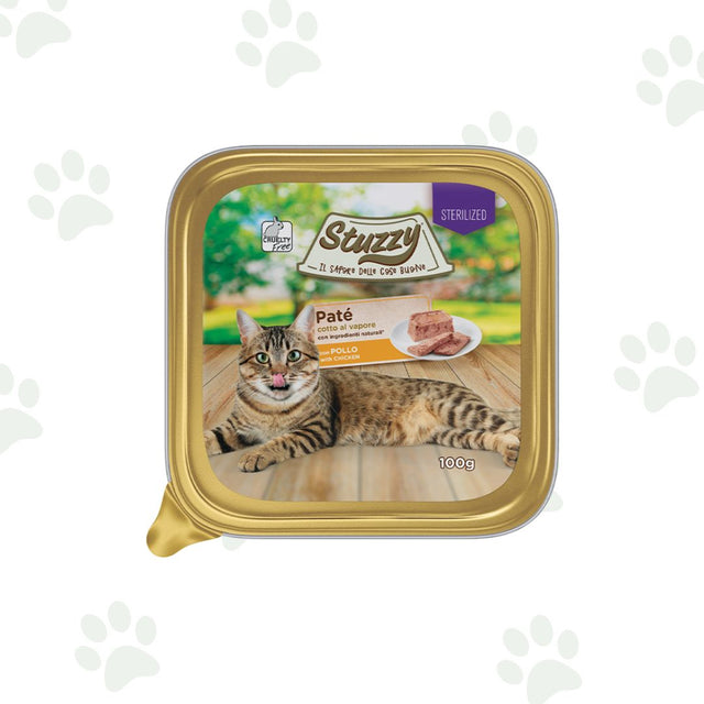 Vaschetta del paté con pollo per gatti adulti sterilizzati Stuzzy da 100g.