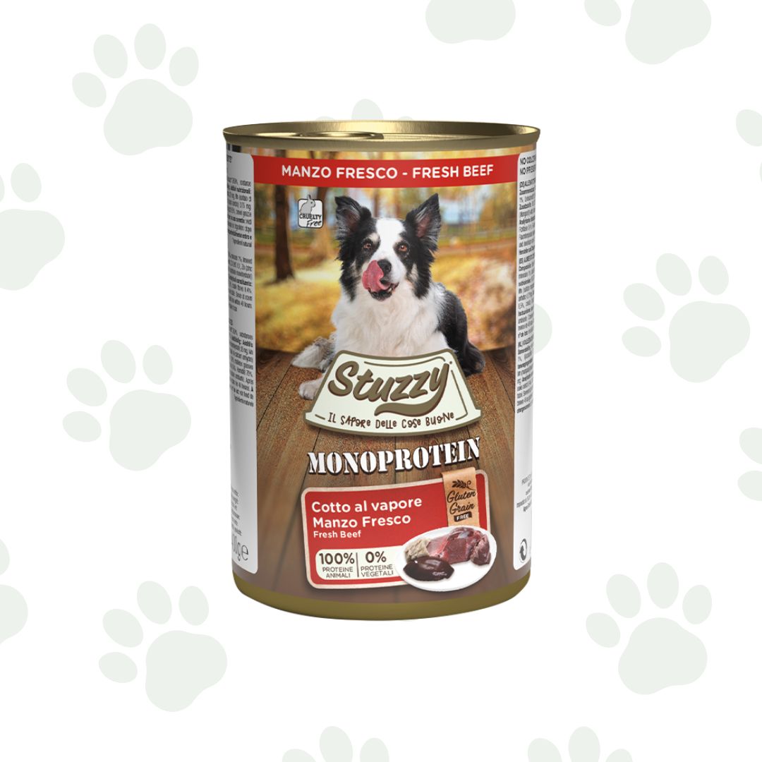 Lattina di cubo umido per cani da 400 gr Stuzzy monoproteico manzo.