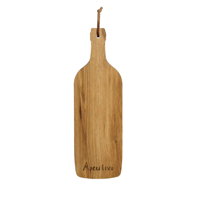 Tagliere in legno sagomato a forma di bottiglia con la scritta incisa "Aperitivo".