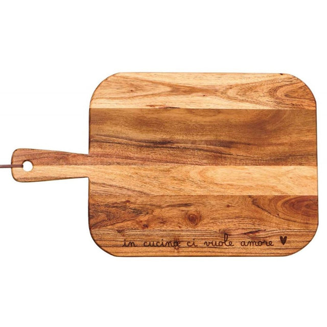 Tagliere in legno 30 cm x 50 cm con decoro inciso con la scritta "In cucina ci  vuole amore".