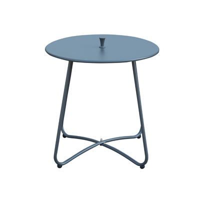 Tavolino da esterno rotondo in acciaio antracite con piano circolare.