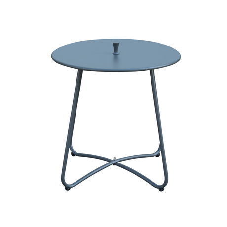 Tavolino da esterno rotondo in acciaio antracite con piano circolare.