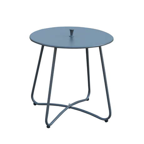 Tavolino rotondo da giardino in acciaio antracite visto lateralmente con base stabile.