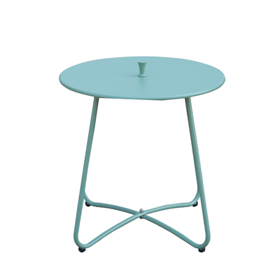 Tavolino da esterno rotondo in acciaio verde con piano circolare.
