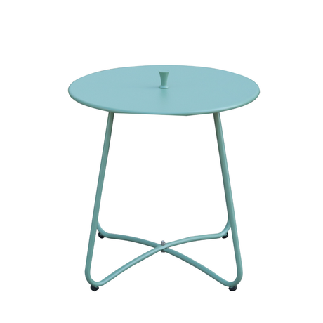 Tavolino da esterno rotondo in acciaio verde con piano circolare.