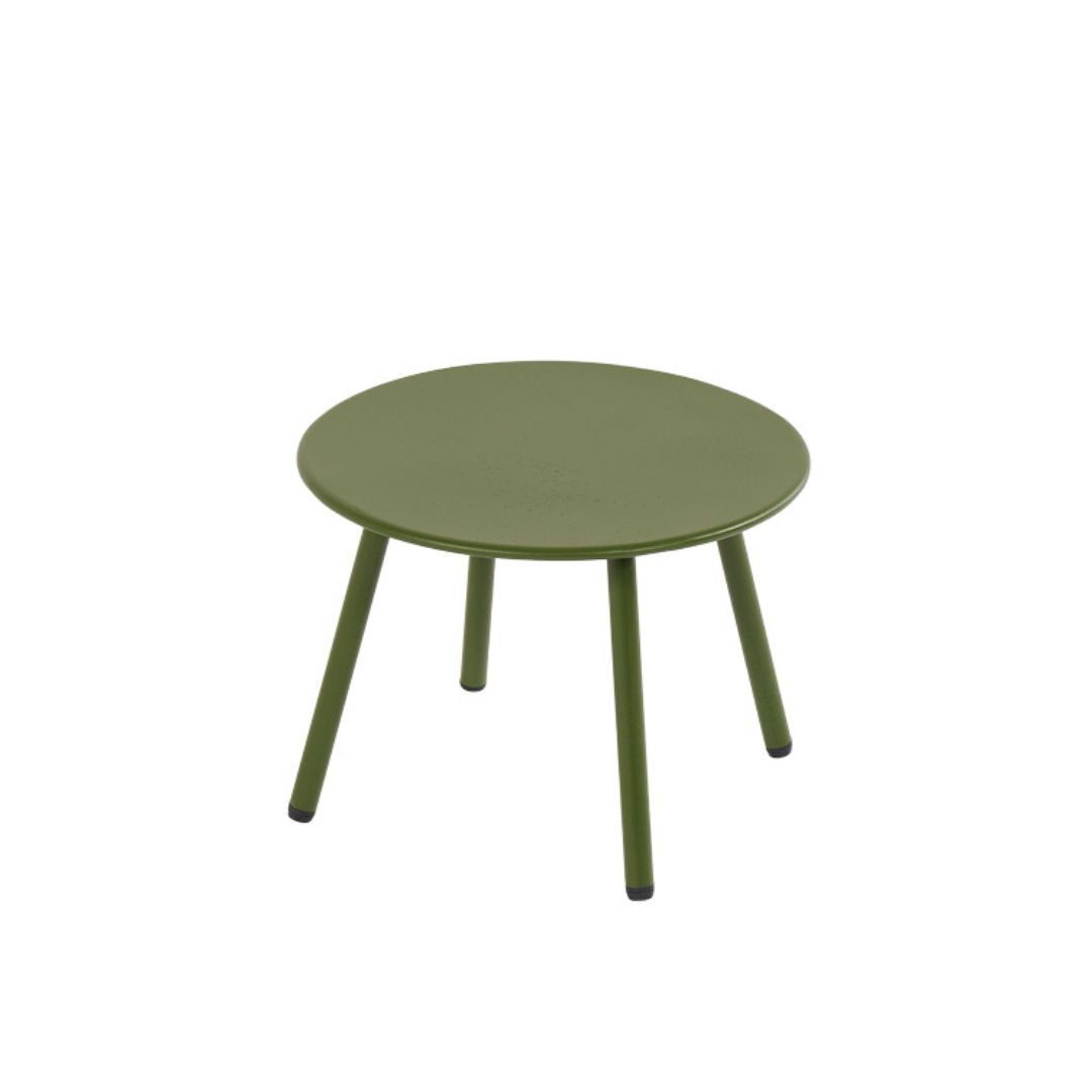 Tavolino rotondo da esterno in ferro color verde scuro.