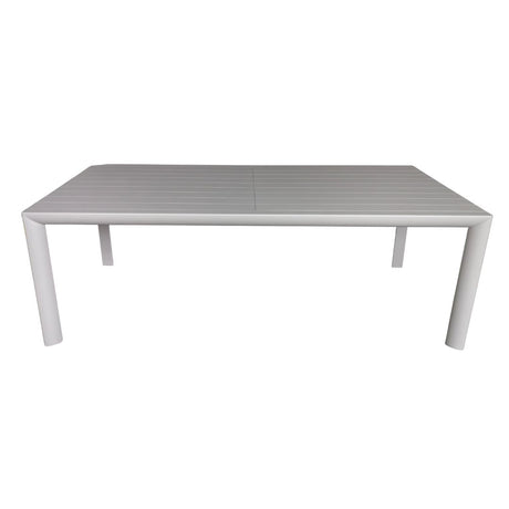 Tavolo da giardino allungabile in alluminio champagne con piano a doghe, configurazione chiusa.