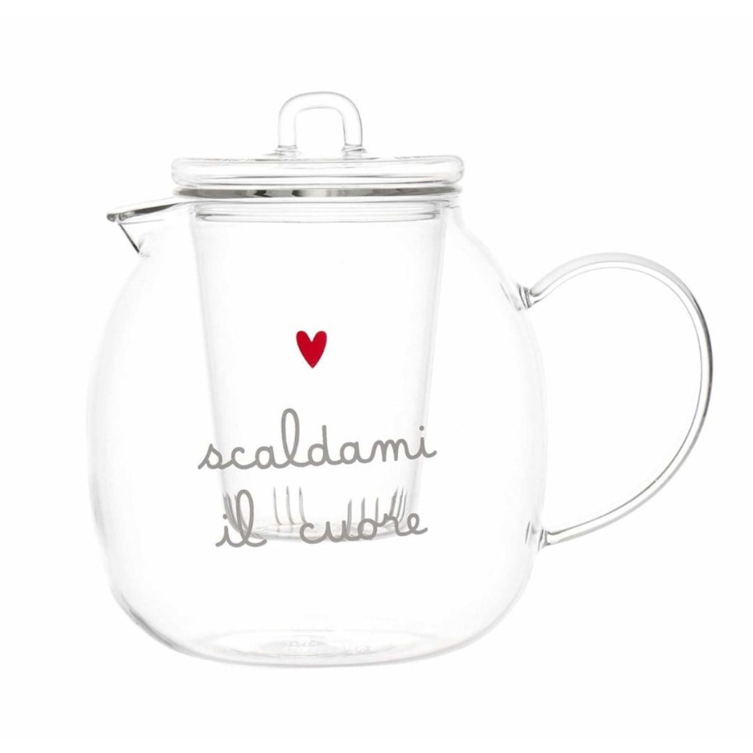 Teiera in vetro borosilicato con decoro di cuoricino rosso e scritta "scaldami il cuore".