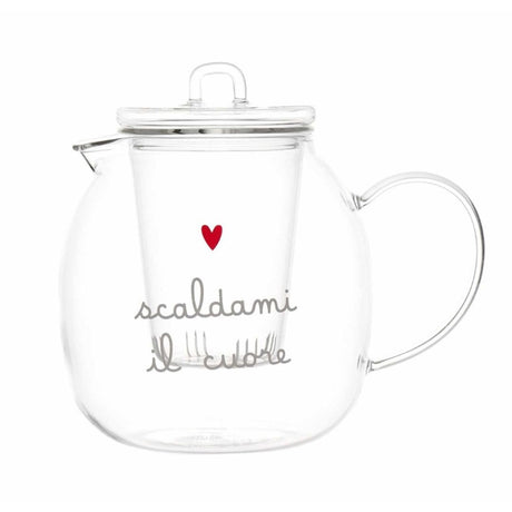 Teiera in vetro borosilicato con decoro di cuoricino rosso e scritta "scaldami il cuore".