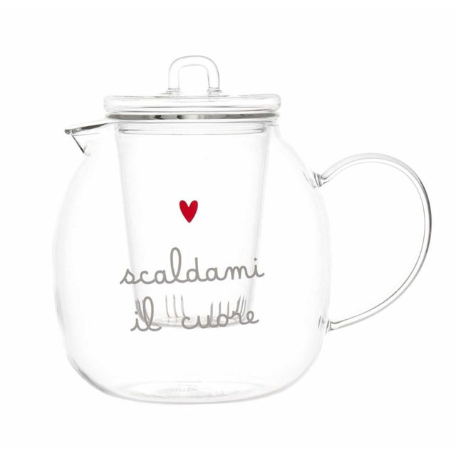 Teiera in vetro borosilicato con decoro di cuoricino rosso e scritta "scaldami il cuore".