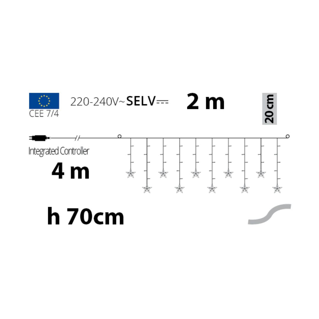 Schema della tenda luminosa con stelle bianco caldo luna 2 m con altezza massima 70 cm.