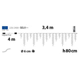Schema della tenda cluster con LED lunga 3,4 m e fili che scendono di diverse lunghezze.