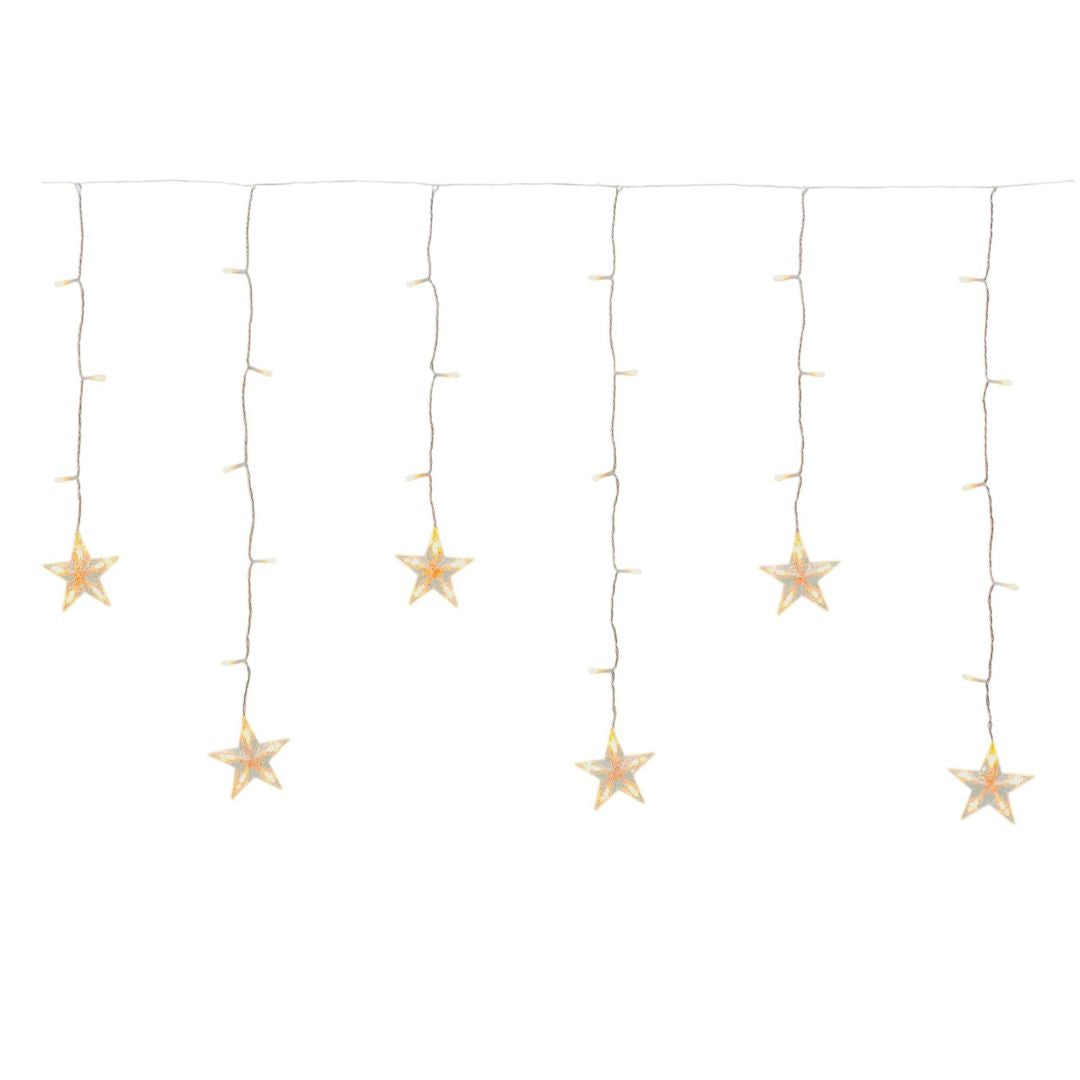 Tenda luminosa con stelle bianco caldo su sfondo bianco.