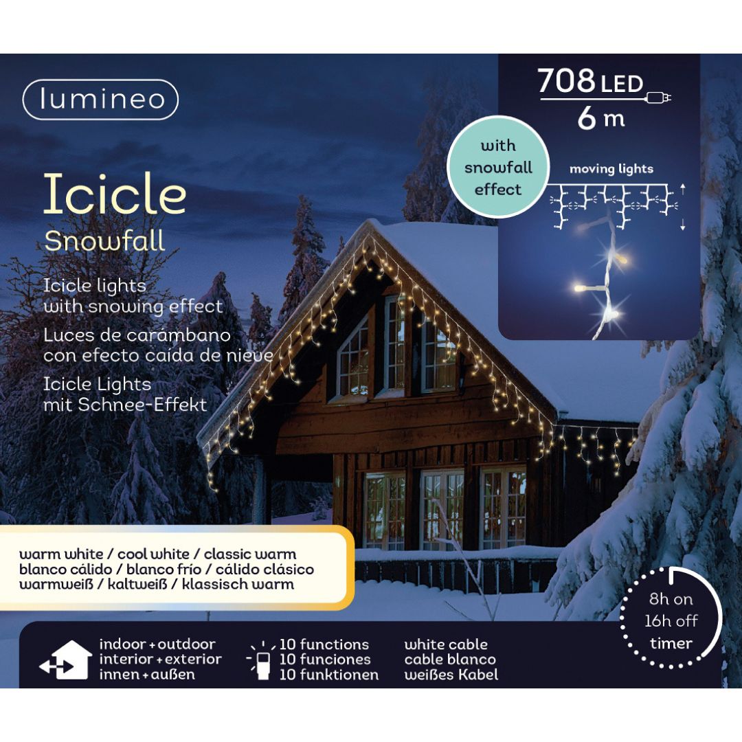 Confezione delle luci Lumineo Icicle Snowfall 708 LED, 6 metri, con effetto neve, cavo bianco e timer integrato.