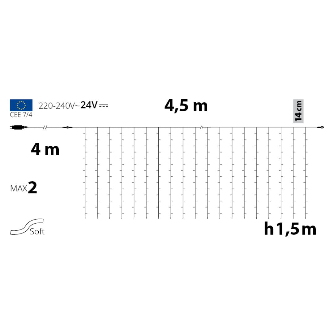Schema con misure della tenda luminosa mini LED multiflash bianco caldo.
