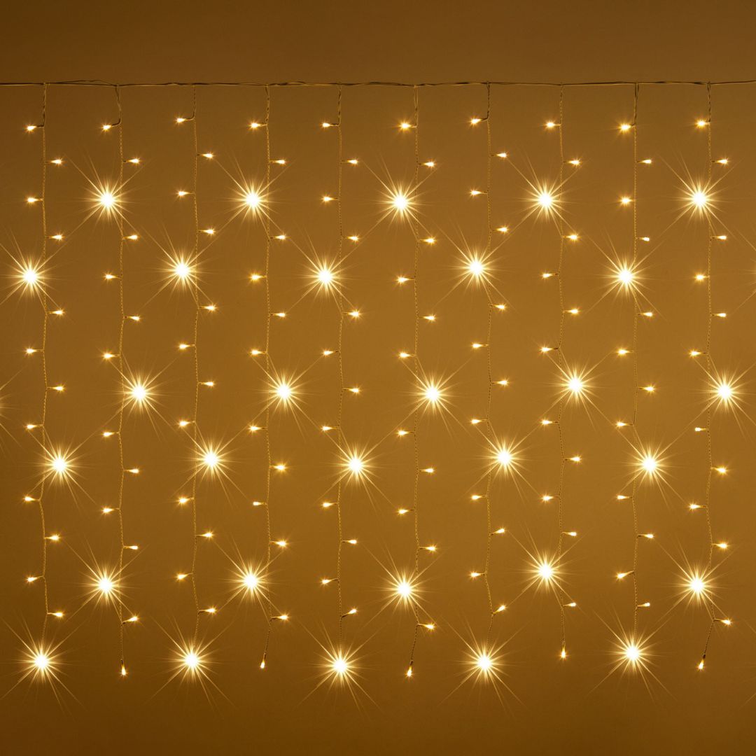 Tenda luminosa bianco caldo con effetto flash e fili di 1,5 m su sfondo dorato.