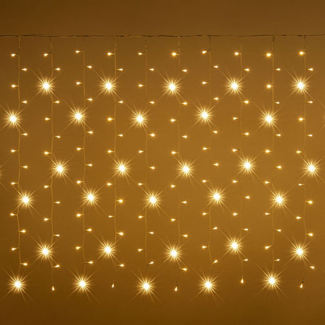 Tenda luminosa bianco caldo con effetto flash e fili di 1,5 m su sfondo dorato.