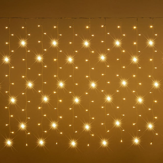 Tenda luminosa bianco caldo con effetto flash e fili di 1,5 m su sfondo dorato.