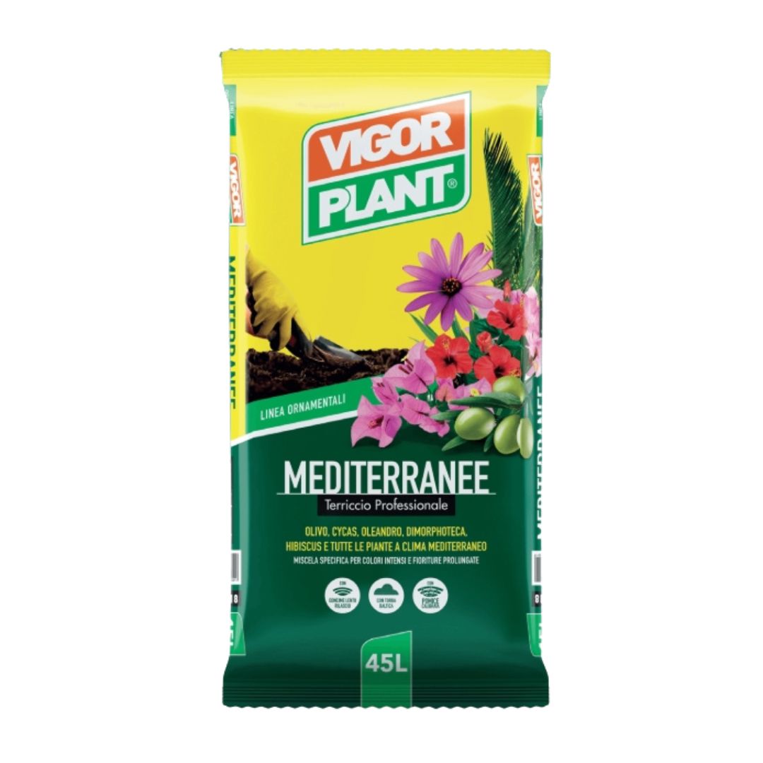 Sacco da 45 L di terriccio specifico per piante mediterranee di Vigorplant.