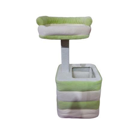 Tiragraffi per gatti con base a forma di cubo e cuccia rialzata, in tessuto verde menta e bianco.