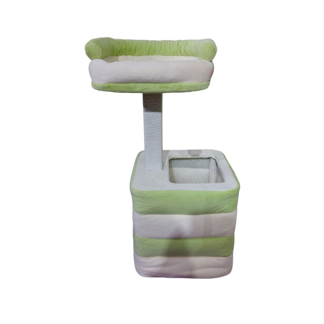 Tiragraffi per gatti con base a forma di cubo e cuccia rialzata, in tessuto verde menta e bianco.