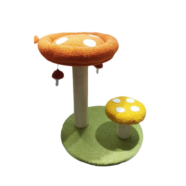 Tiragraffi per gatti a forma di fungo con base verde e piattaforme arancione e gialla.