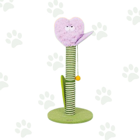 Simpatico tiragraffi verde e viola a forma di fiore.